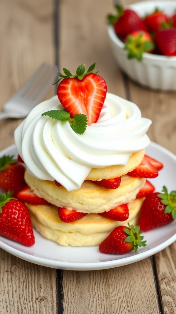 A delicious strawberry shortcake with layers of biscuits, strawberries, and whipped cream on a white plate.