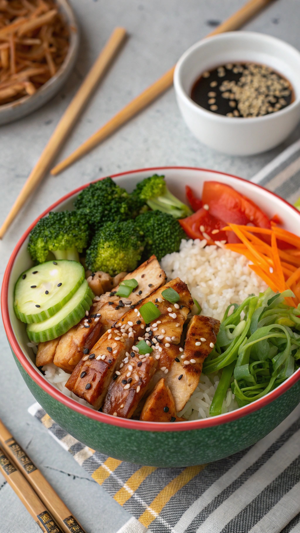 A colorful teriyaki chicken bowl with rice, vegetables, and sesame seeds.