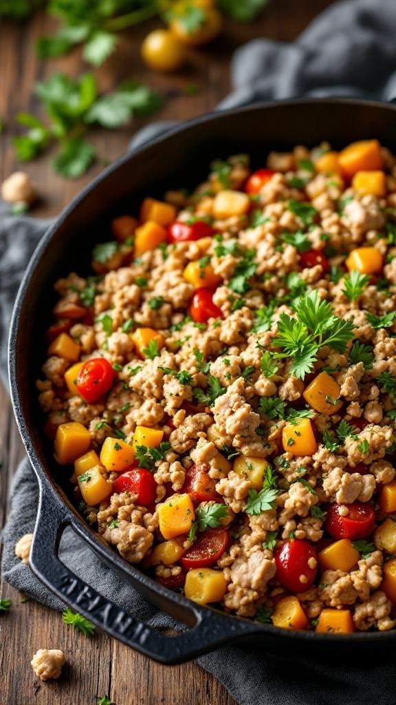 A colorful turkey and vegetable skillet with chopped tomatoes, bell peppers, and herbs.