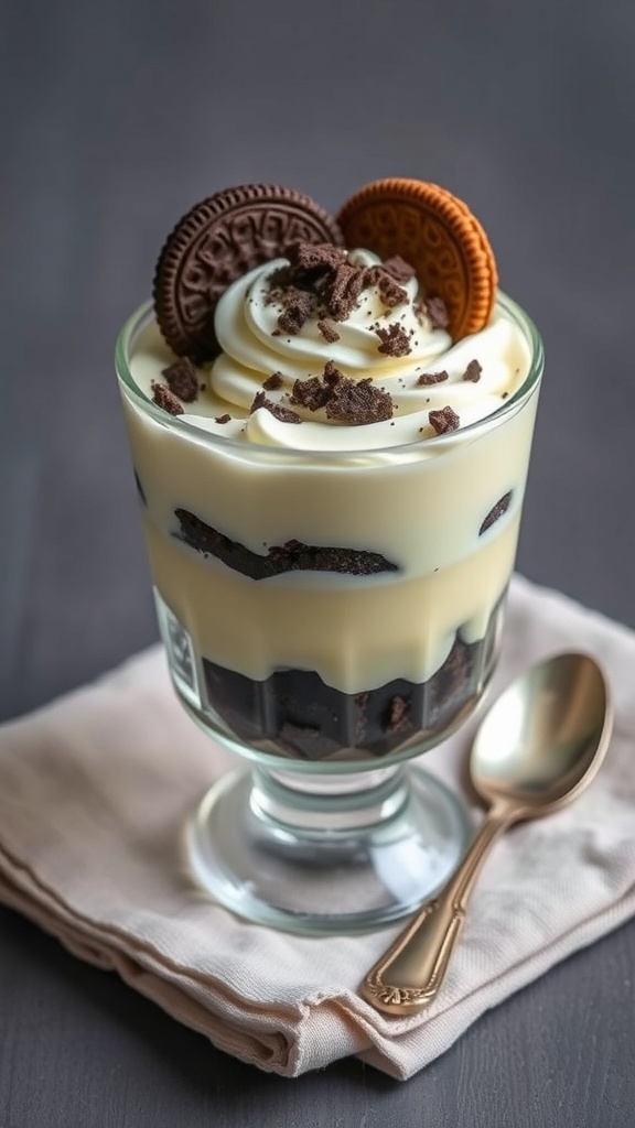 Vanilla pudding parfait layered with chocolate cookies and topped with whipped cream and whole cookies.