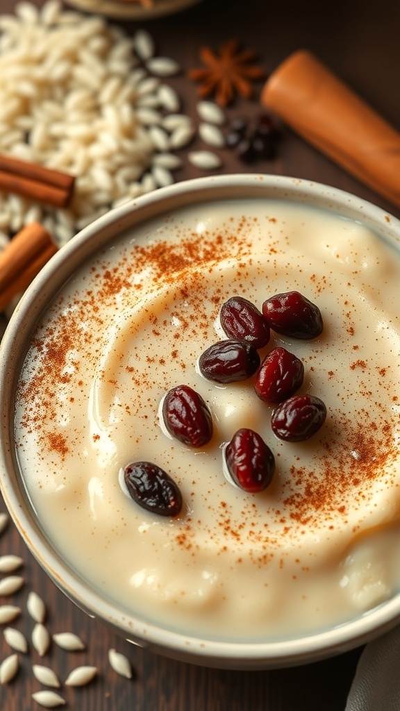 A bowl of creamy vegan rice pudding topped with cinnamon and red beans, surrounded by rice grains and cinnamon sticks.