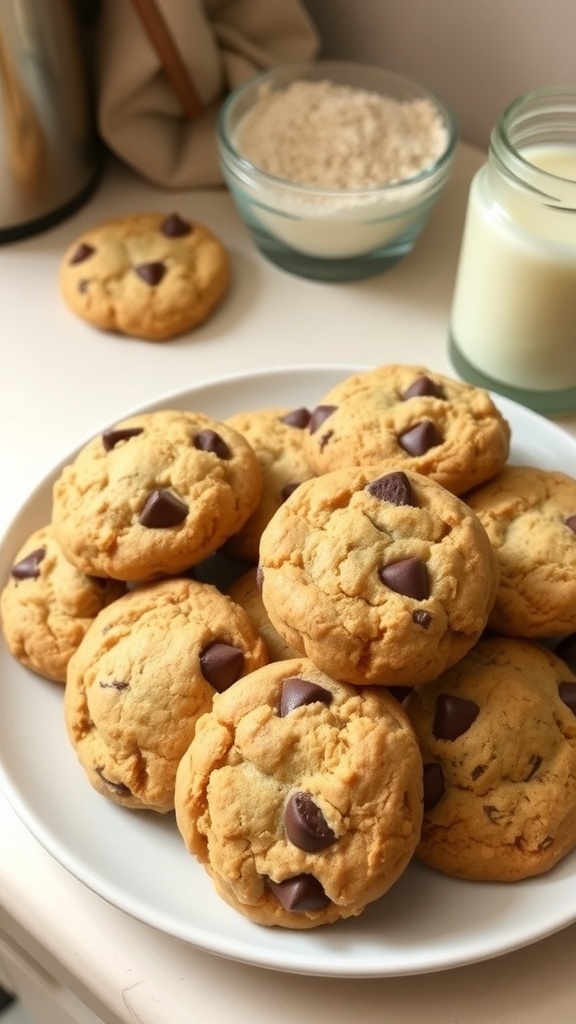 A plate of whole wheat chocolate chip cookies with a glass of milk and baking ingredients in the background.