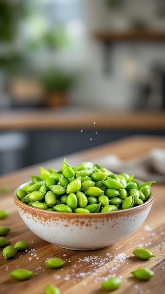 A bowl of fresh edamame pods sprinkled with salt on a wooden table.