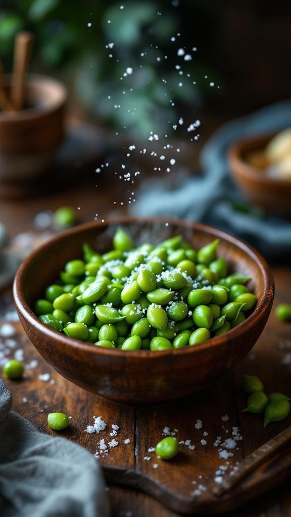 A wooden bowl filled with green edamame sprinkled with sea salt, with a rustic background.