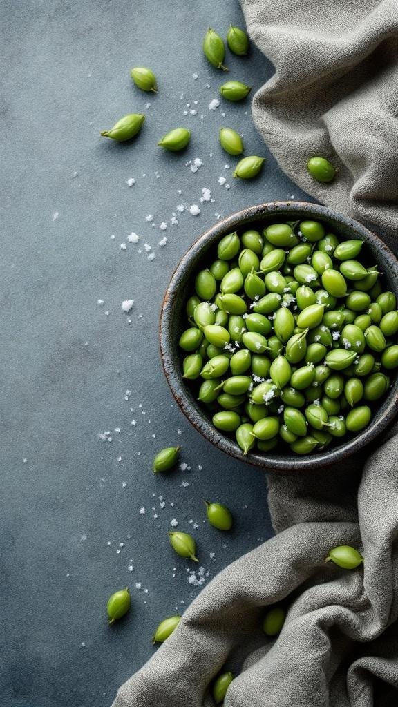 A bowl of edamame pods sprinkled with sea salt on a gray surface
