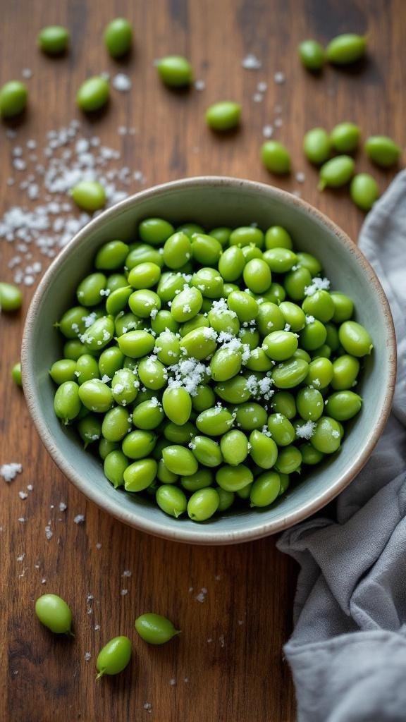 A bowl of edamame sprinkled with sea salt on a wooden surface.