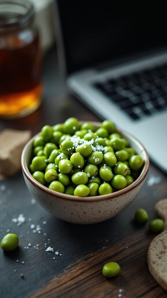 A bowl of edamame with sea salt on a wooden table, next to a laptop and a drink.