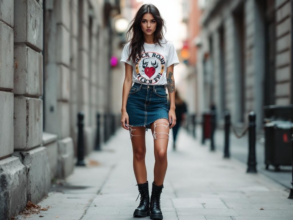 A model wearing a graphic tee and a distressed denim skirt, paired with black boots, walking down a city street.