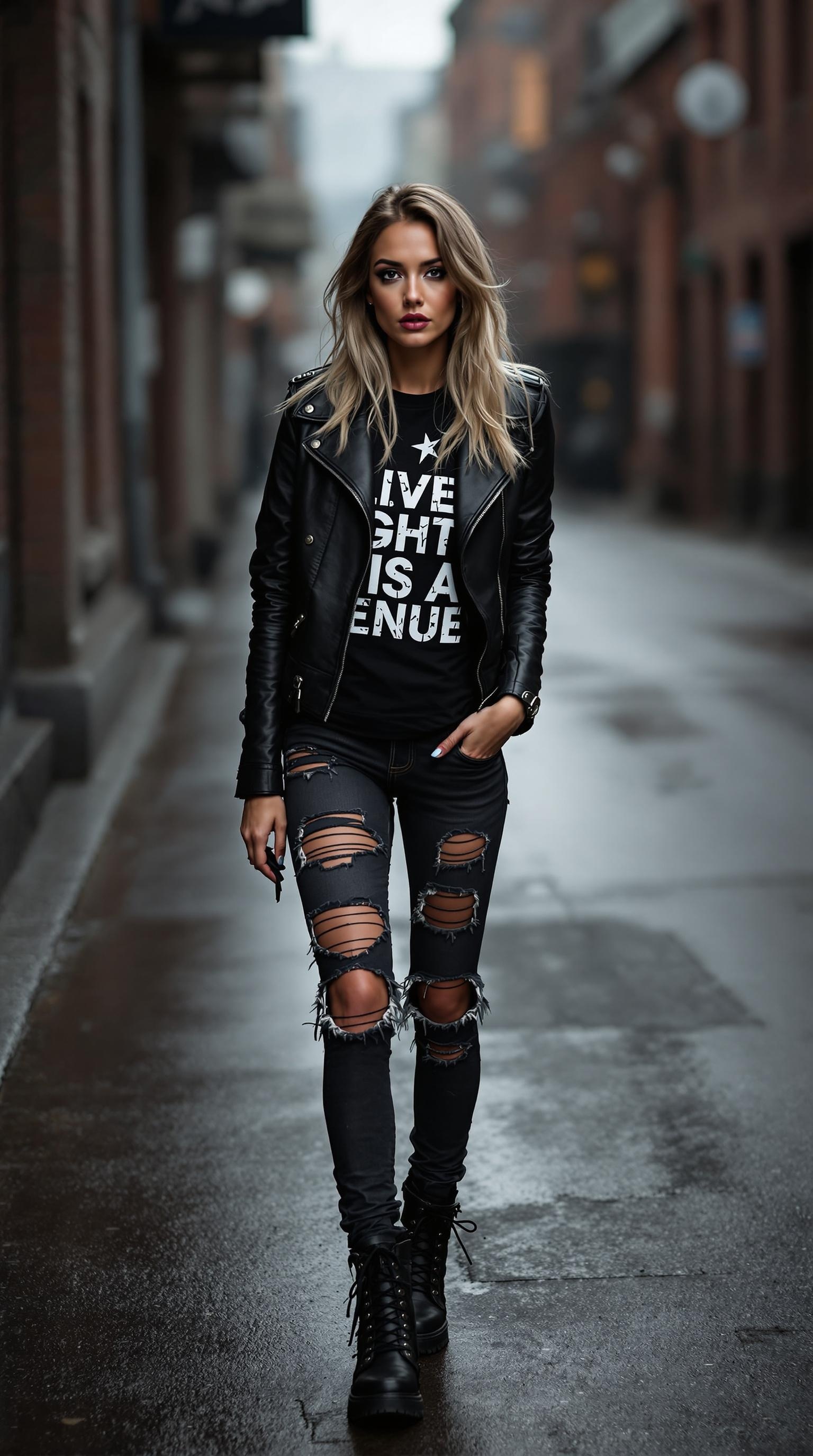 A person wearing a black leather jacket, graphic tee, and ripped jeans, walking on a city street.