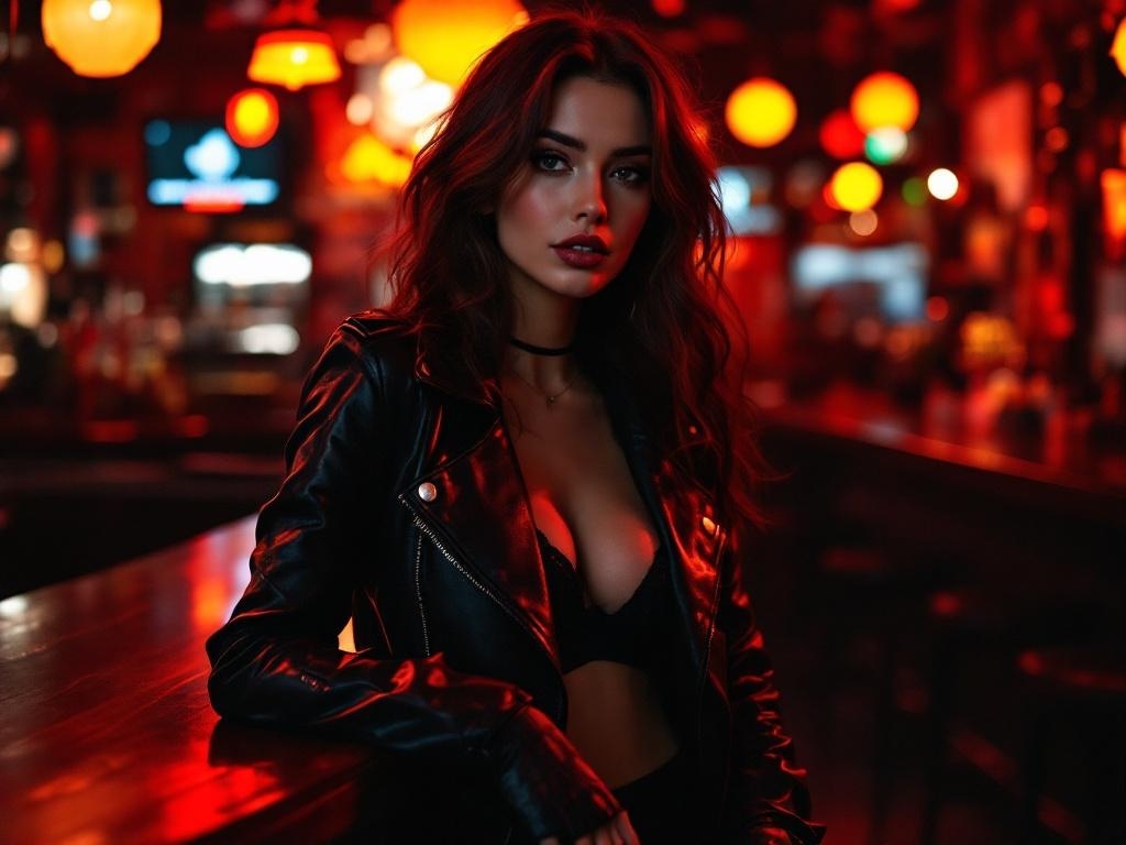 A woman in a leather jacket and dressy top, posing in a vibrant bar setting.