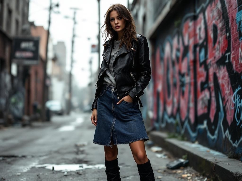 Model wearing a leather jacket with a denim skirt in an urban setting