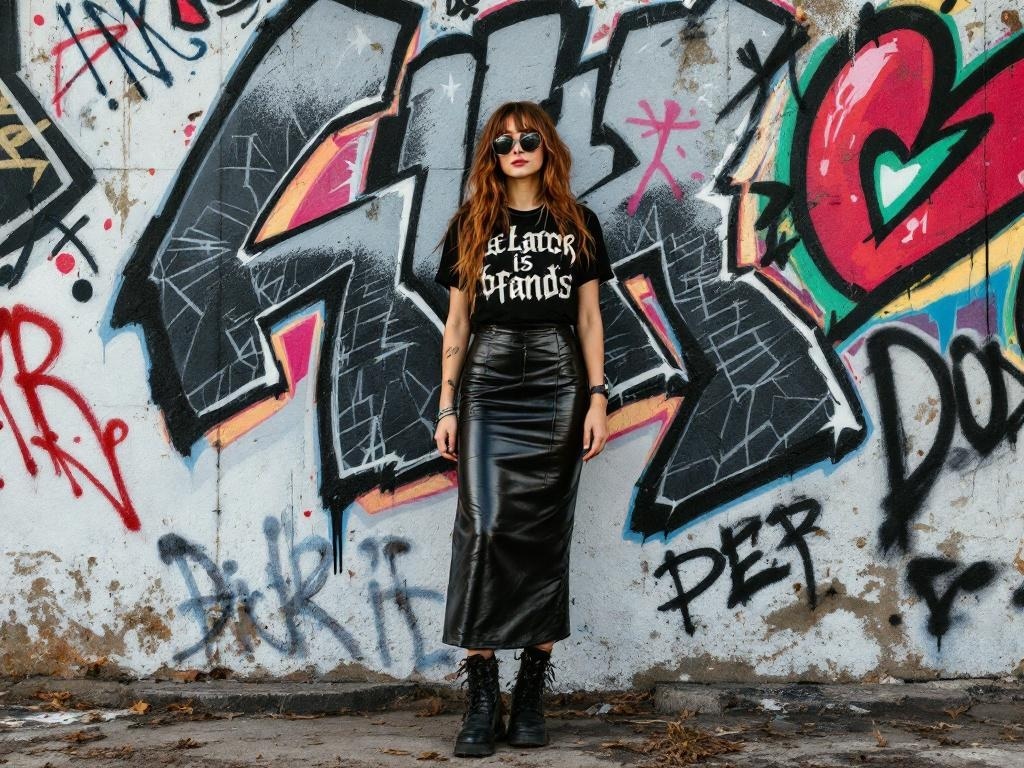 A woman in a black leather long skirt and graphic tee stands against a colorful graffiti wall.