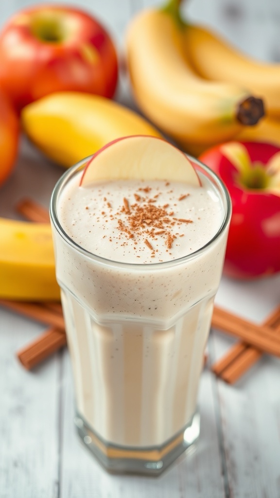 A refreshing apple banana smoothie in a glass, topped with a slice of apple and surrounded by apples and bananas.