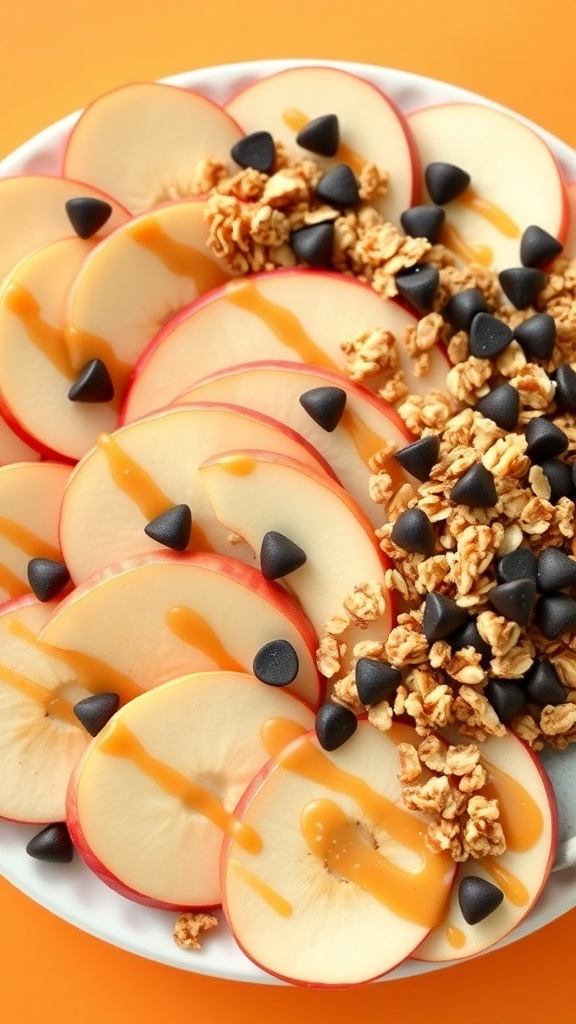 A plate of apple nachos topped with nut butter, chocolate chips, and granola.