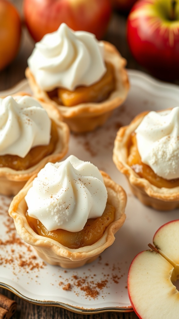 Mini apple pie cups topped with whipped cream on a plate