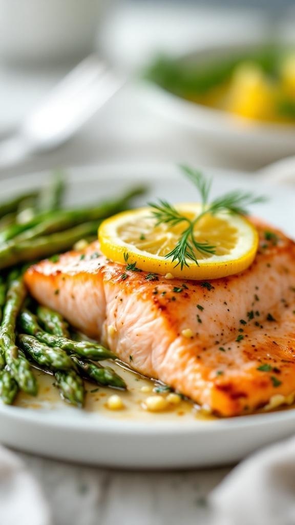 Baked salmon fillet with herbs and lemon slices, served with asparagus on the side.