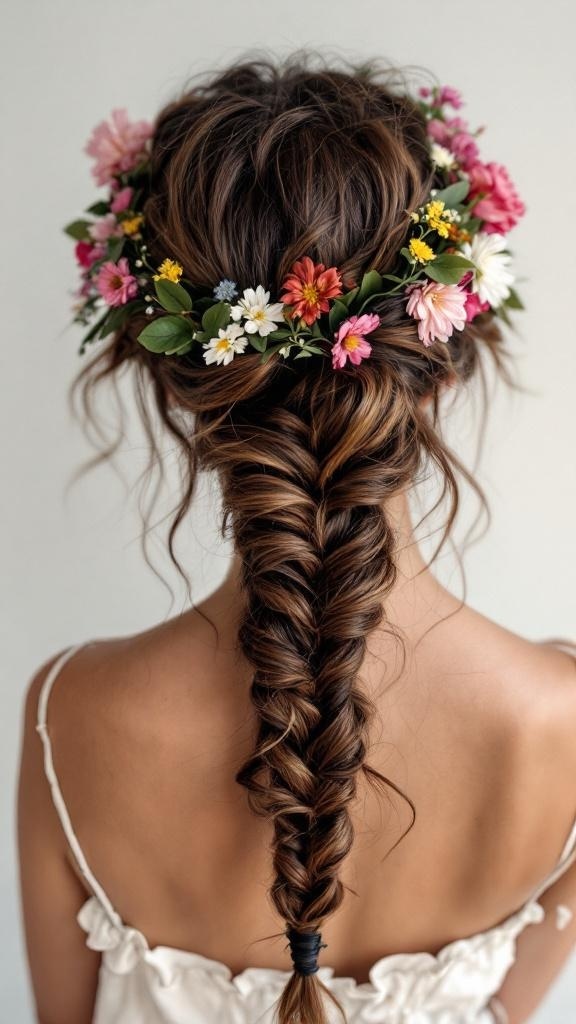 A woman with a braided crown hairstyle decorated with colorful flowers.