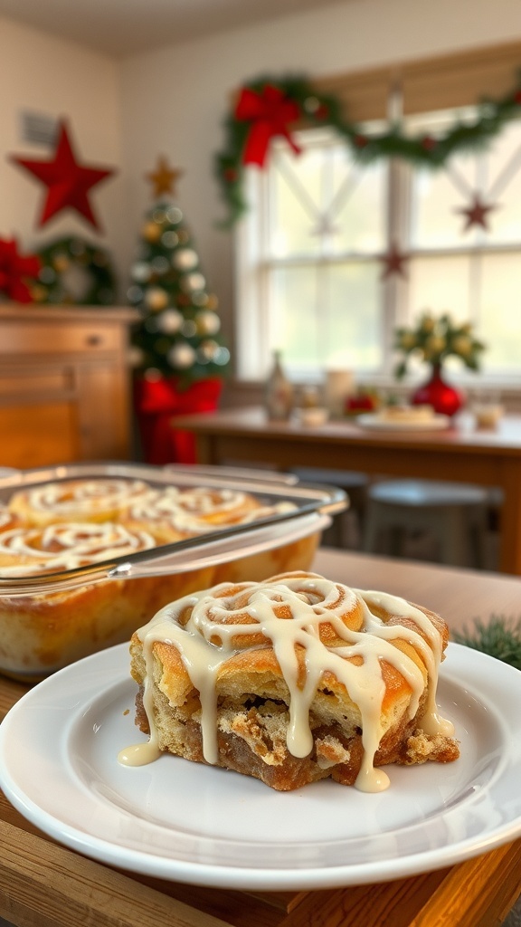 A delicious cinnamon roll casserole topped with creamy glaze, served on a white plate with a festive background.
