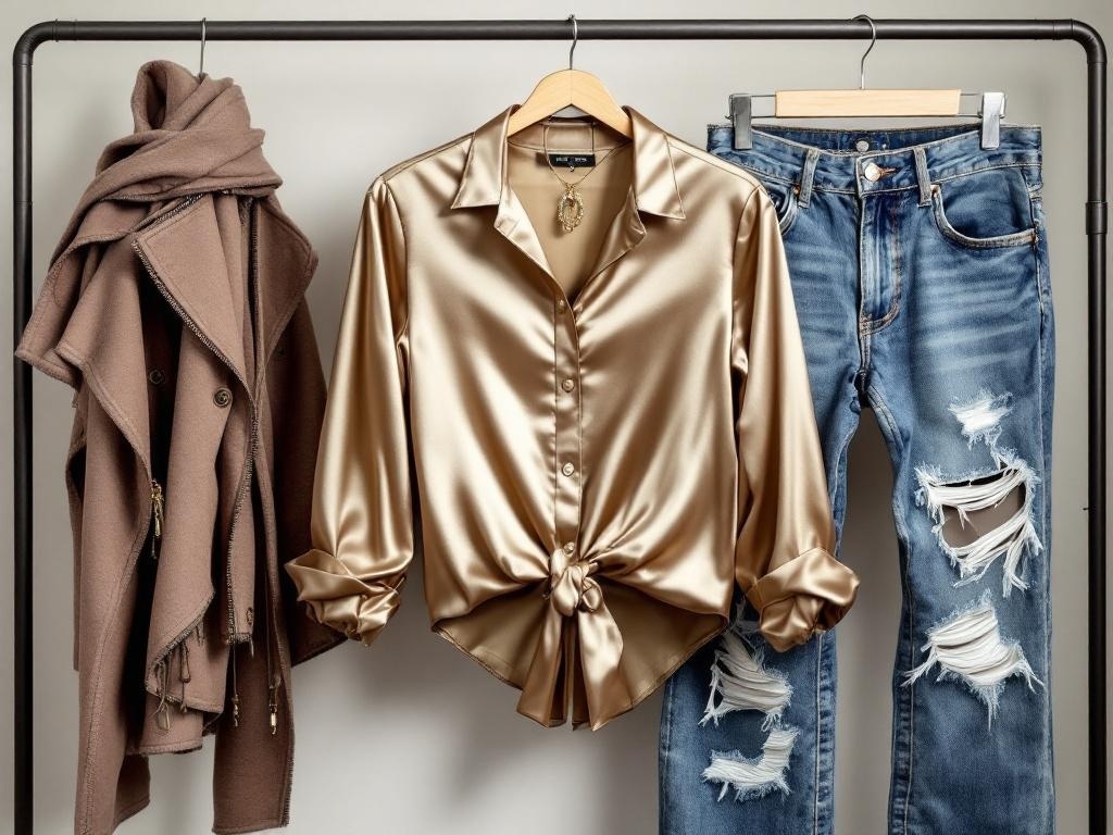 A stylish outfit featuring a silky gold blouse, distressed denim jeans, and a cozy brown jacket.