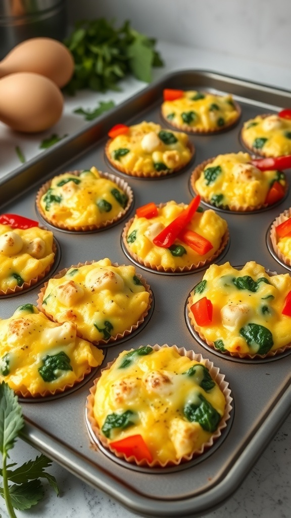 A tray of colorful egg muffins with spinach and bell peppers, ready to be enjoyed.