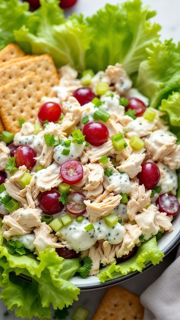 A bowl of Greek Yogurt Chicken Salad with shredded chicken, grapes, celery, and green onions on a bed of lettuce, served with crackers.