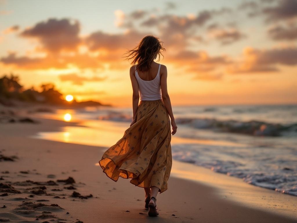 A woman walking on the beach at sunset, wearing a flowy wrap skirt and a tank top.