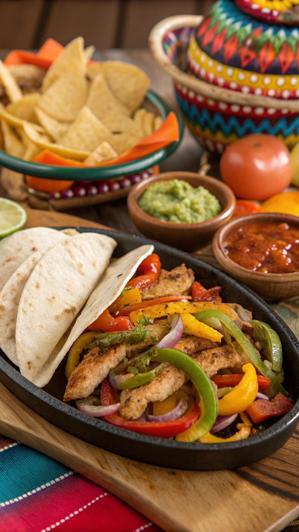 A sizzling platter of fish fajitas with colorful peppers and tortillas