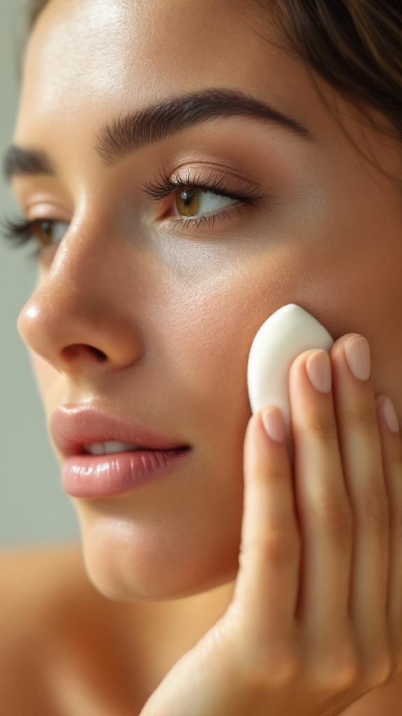 A woman applying makeup with a beauty sponge, showcasing a focus on achieving flawless skin.