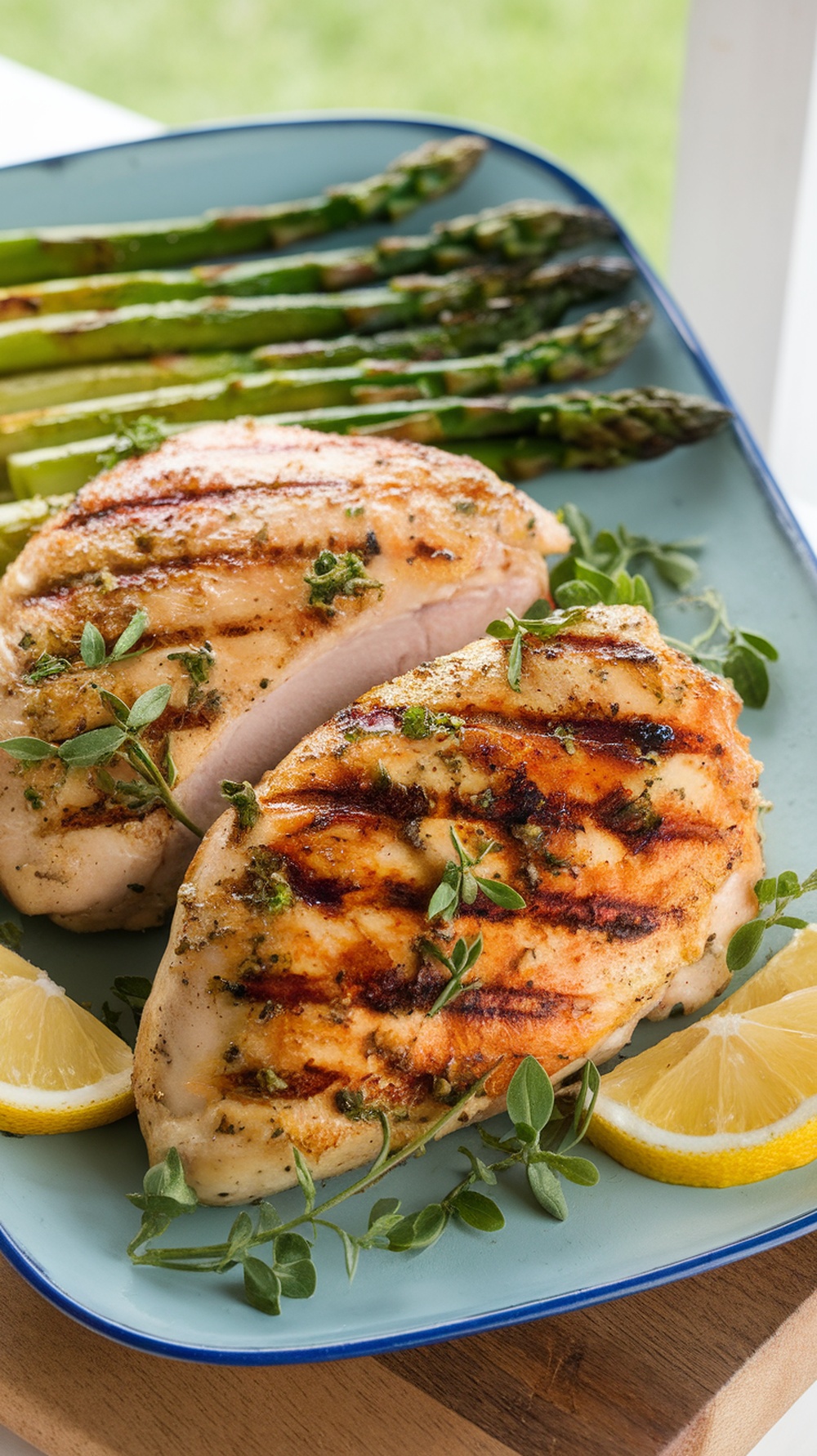Grilled chicken breasts with herbs and lemon slices on a plate with asparagus.