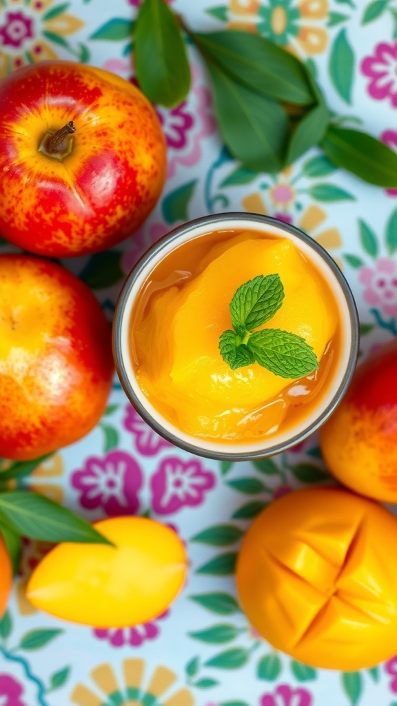 A bowl of mango sorbet topped with mint, surrounded by apples and mangoes on a colorful background.