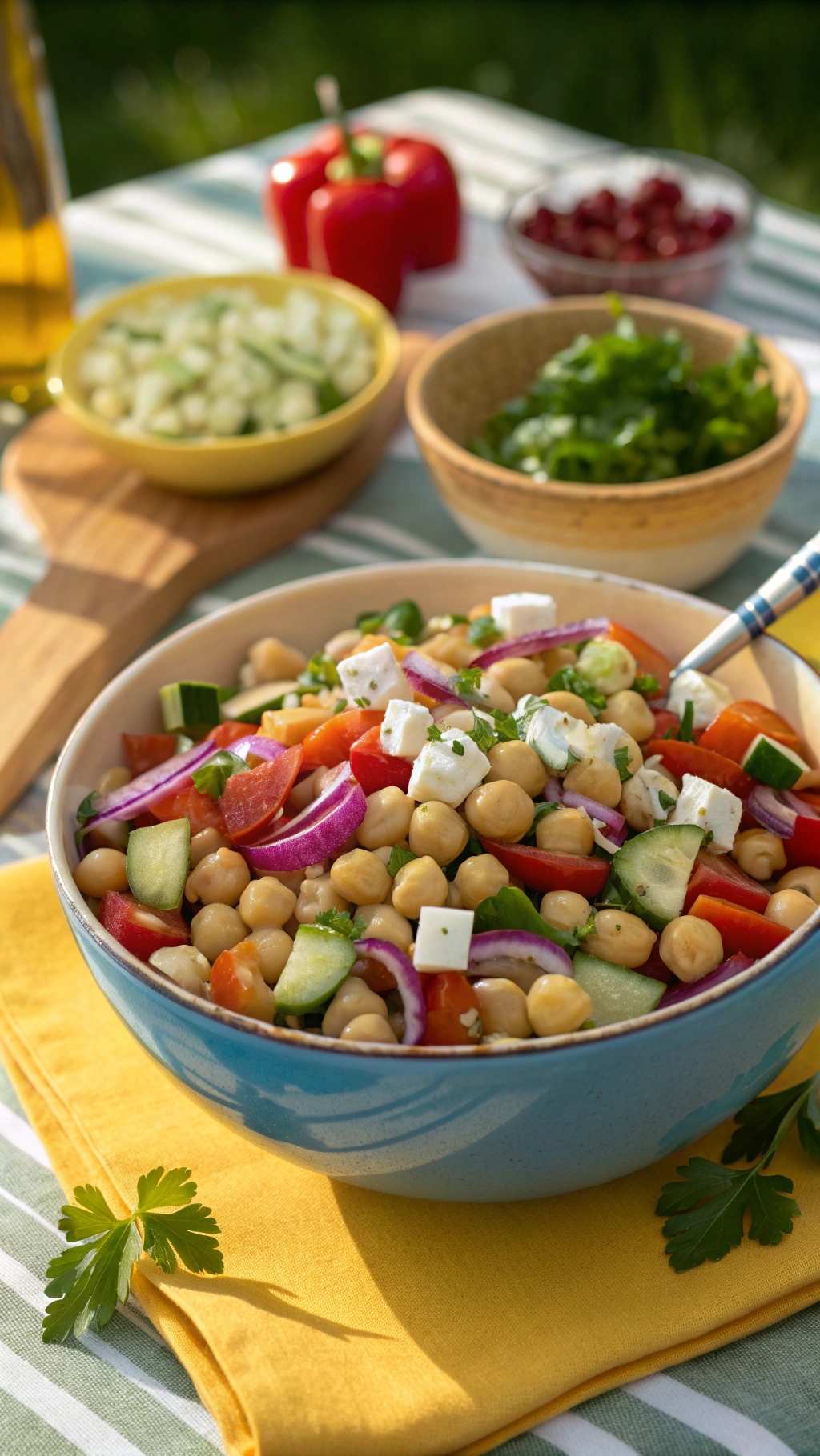 A colorful Mediterranean Chickpea Salad with fresh vegetables and feta cheese in a blue bowl.