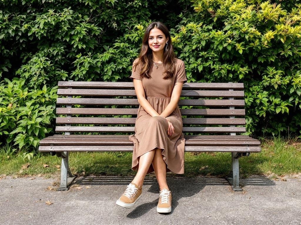A woman in a brown midi dress and sneakers sitting on a bench surrounded by greenery.