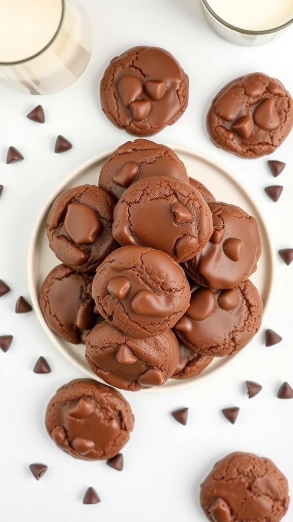 A plate of no-bake chocolate cookies with chocolate chips, surrounded by chocolate chips and glasses of milk.