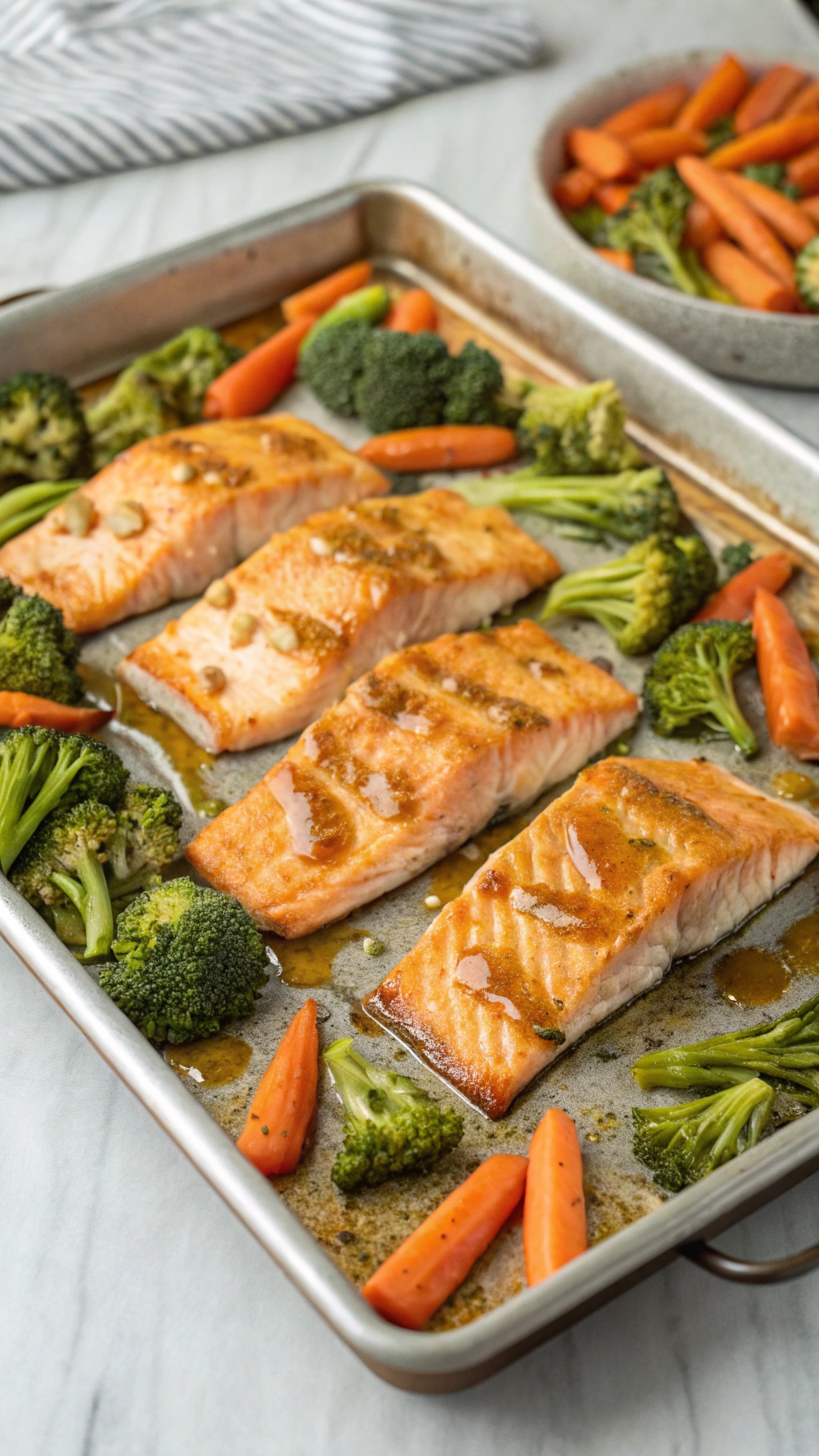 Sheet pan salmon with broccoli and carrots, ready to be served.
