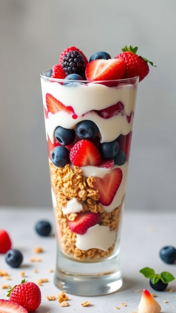 A colorful vegan berry parfait with layers of yogurt, granola, and fresh berries, surrounded by flowers.
