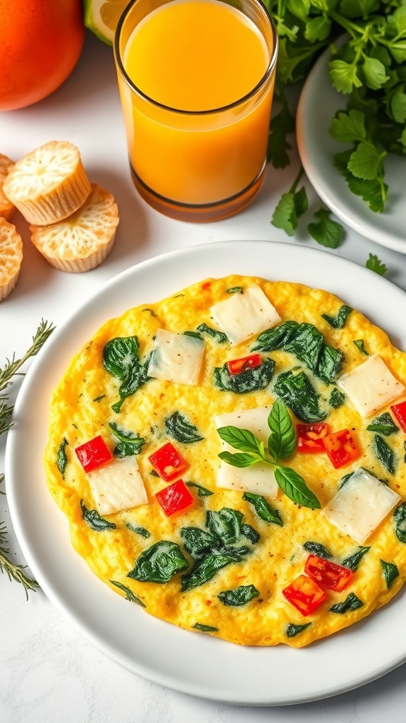 A colorful omelet with spinach, bell peppers, and cheese, served with orange juice.