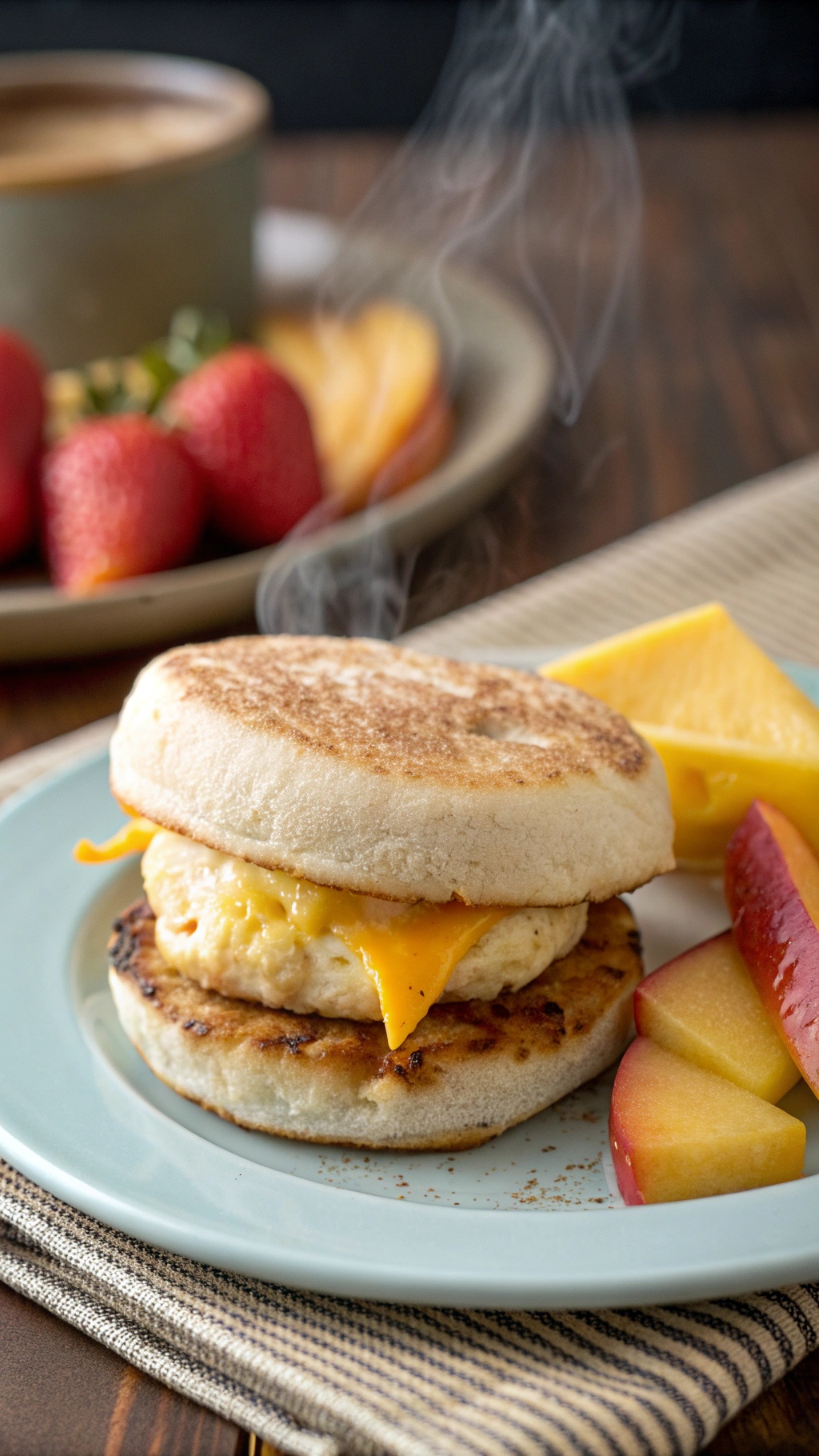 A delicious egg and cheese breakfast sandwich served with fresh fruit.