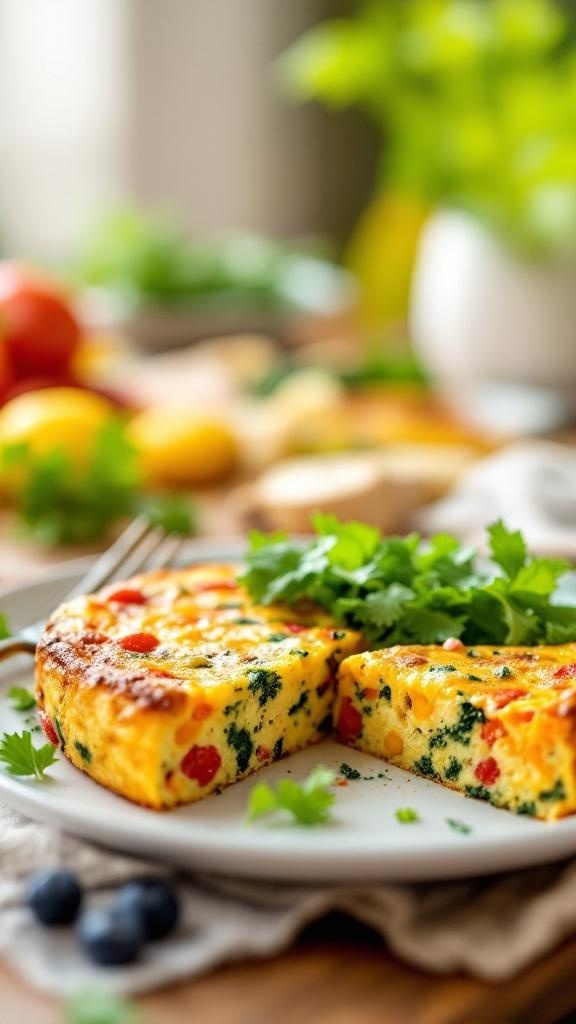 A delicious egg and vegetable frittata served on a plate, garnished with fresh herbs.
