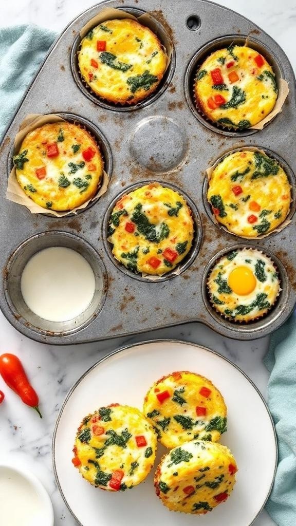 A tray of colorful egg muffins with spinach and bell peppers, perfect for a healthy breakfast.