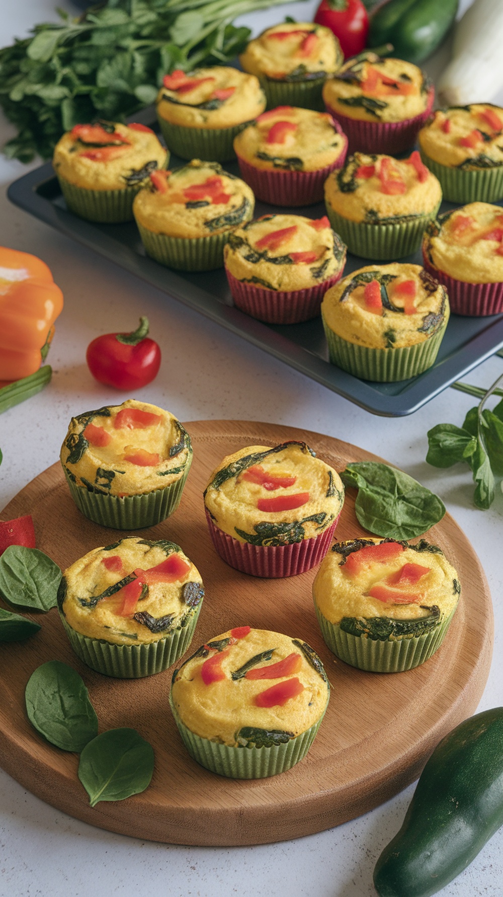 Colorful egg muffins packed with vegetables on a wooden board