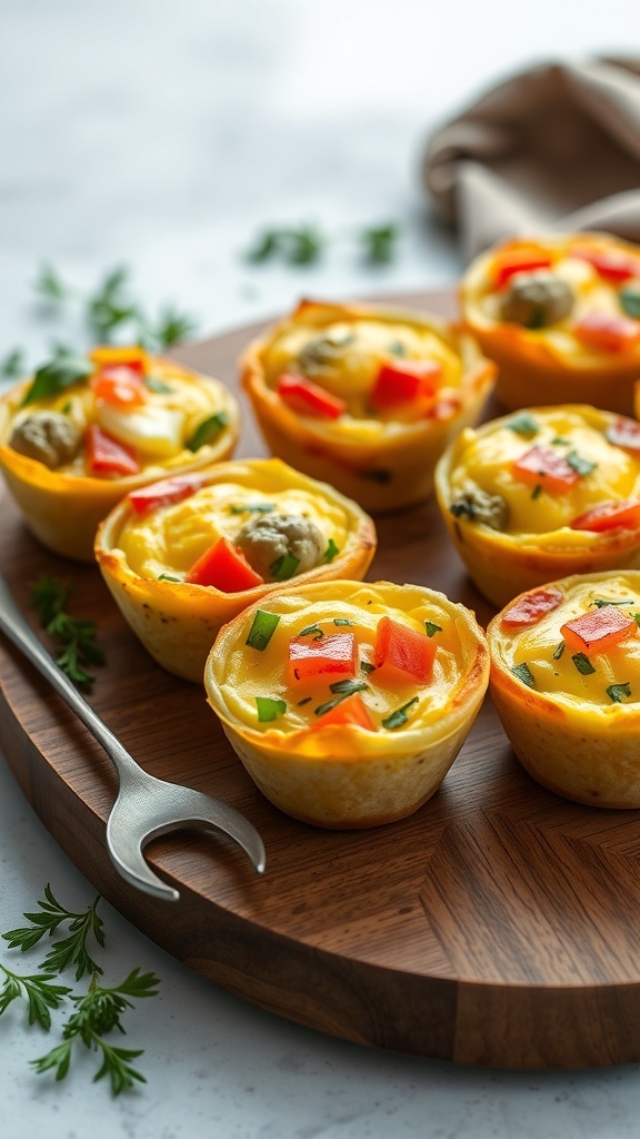 A wooden platter with egg muffins topped with colorful vegetables.