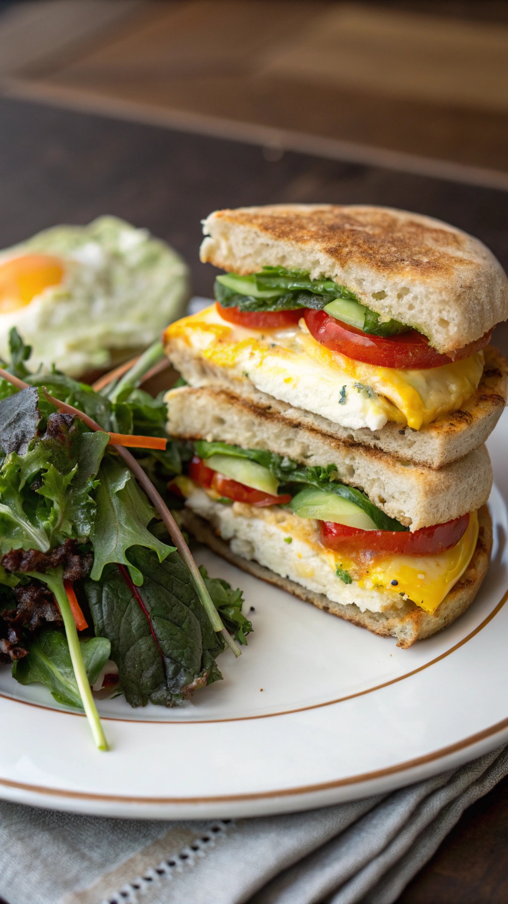 Egg white and veggie breakfast sandwich with lettuce and tomato on whole grain bread