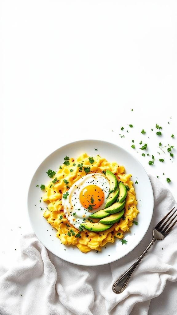 A plate of pasta topped with a fried egg and avocado slices, garnished with parsley.
