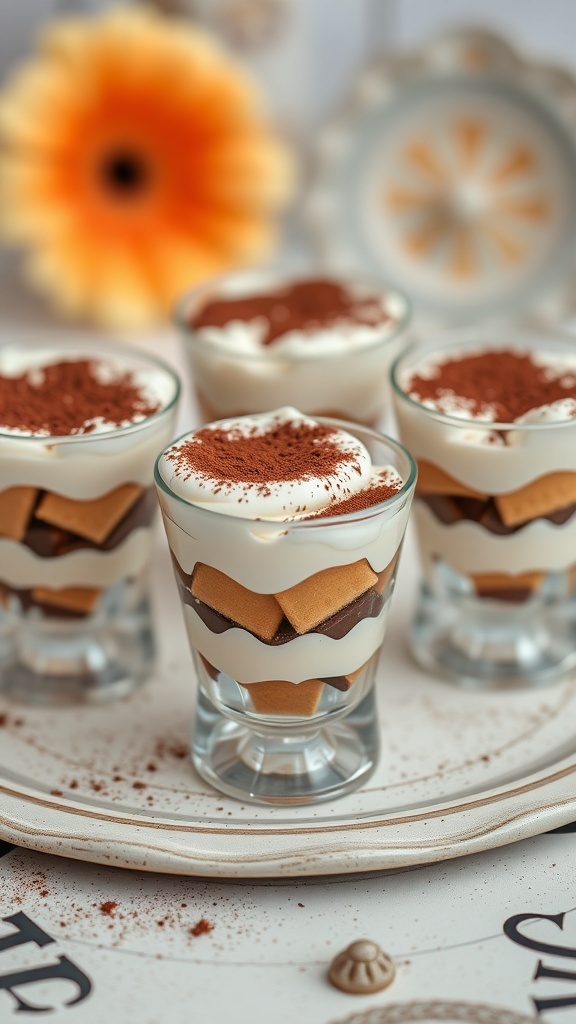 Elegant tiramisu cups layered with mascarpone and coffee-soaked ladyfingers, topped with cocoa powder.