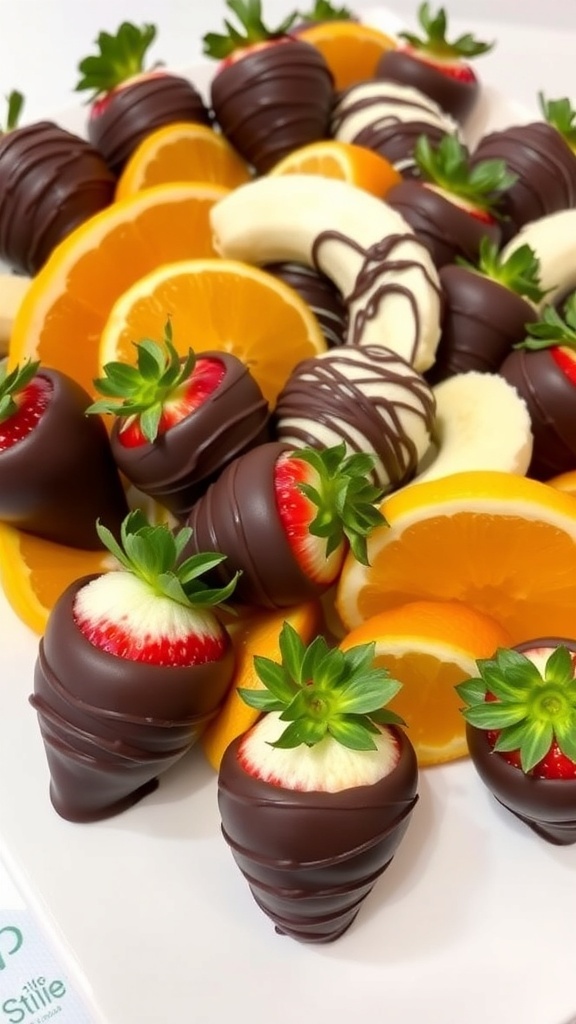 A platter of chocolate-dipped strawberries, bananas, and oranges, beautifully arranged.