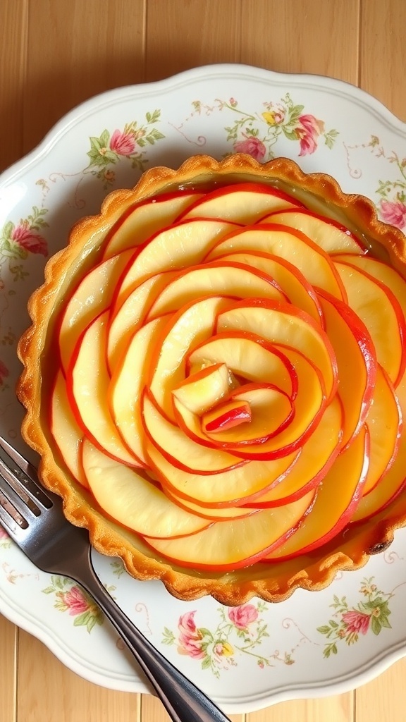 An elegant apple tart with a rose pattern made of thinly sliced apples on a floral plate.