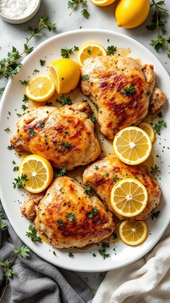 Baked lemon herb chicken thighs garnished with parsley and lemon slices on a white platter.