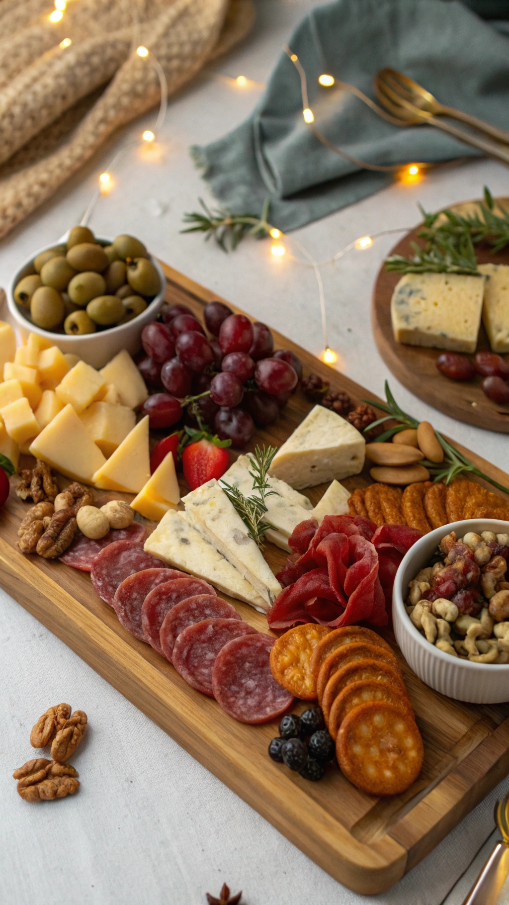 A beautifully arranged cheese and charcuterie board featuring various cheeses, cured meats, fresh fruits, and nuts.