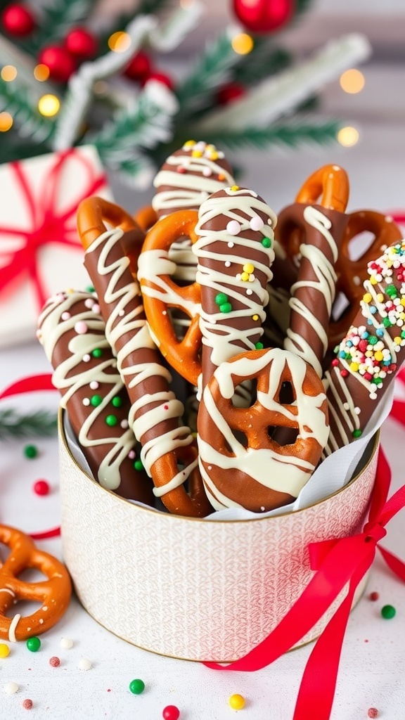 A festive arrangement of chocolate-covered pretzels in a decorative box, adorned with sprinkles and ribbons.