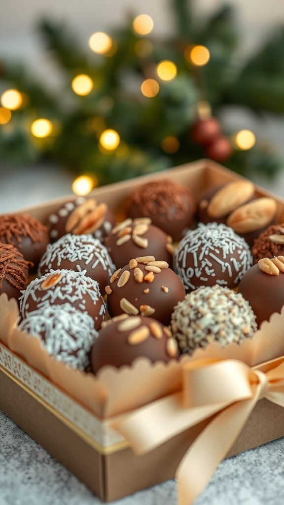 A box of assorted chocolate truffles with festive decorations.